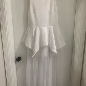 Elegant White Peplum Romper/Dress with Sheer Overlay